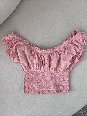 Stella Laguna Beach Pink Eyelet Smocked Off-Shoulder Crop Top
